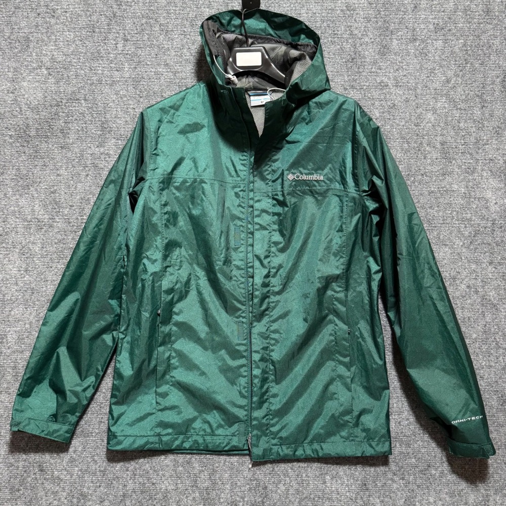 Columbia Omni Tech Jacket Mens‎ Small Forest Green Waterproof Hooded Rain Trail